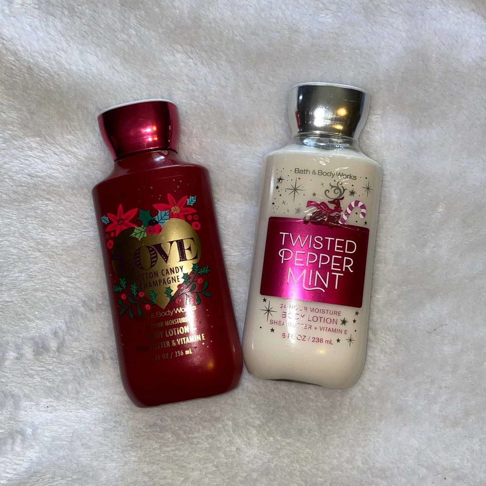 Bundle of 2 Bath and Body Works Lotions. Cotton Candy Champagne and Twisted Pepp